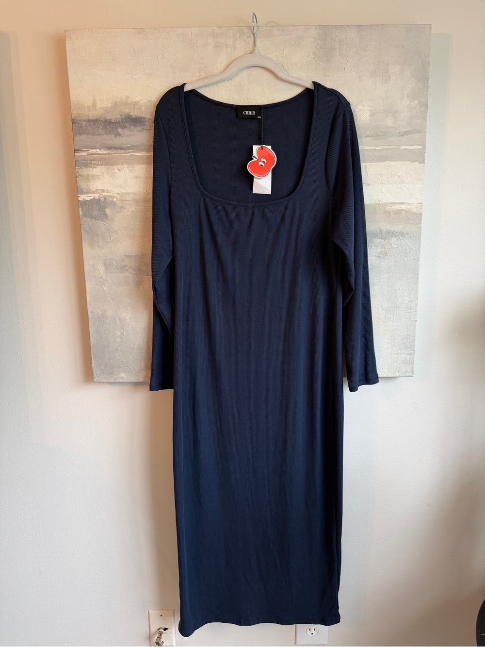 CIDER Navy Ribbed Square Neck Stretch Long Sleeve Midi Dress NWT Size 0XL